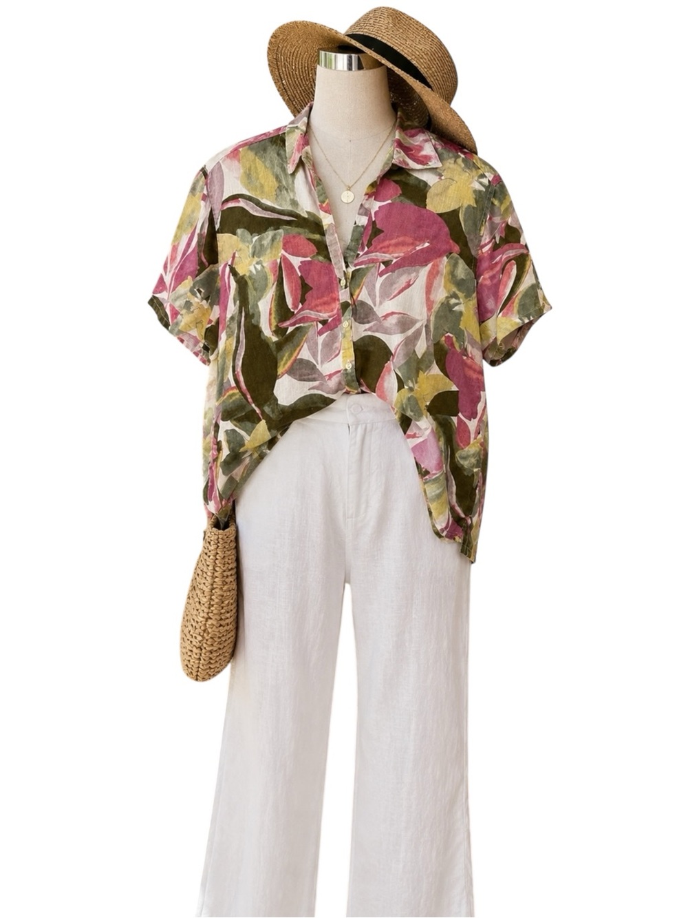 Tahari 100% Linen Floral Button Blouse Resort Vacation Beach High Low Top 1X - Picture 2 of 13